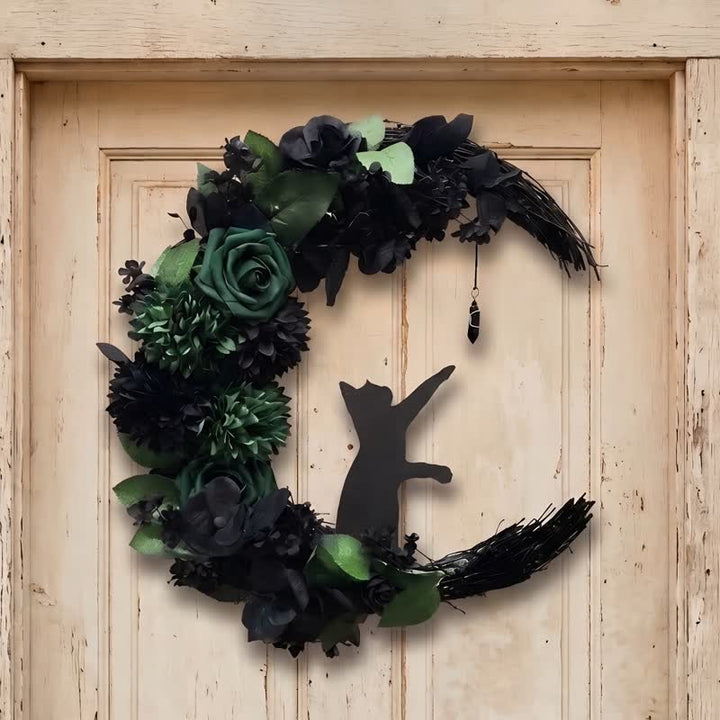 Décoration de porte Olivenorma en paille, mousse et soie, motif chat noir mystique - image 3