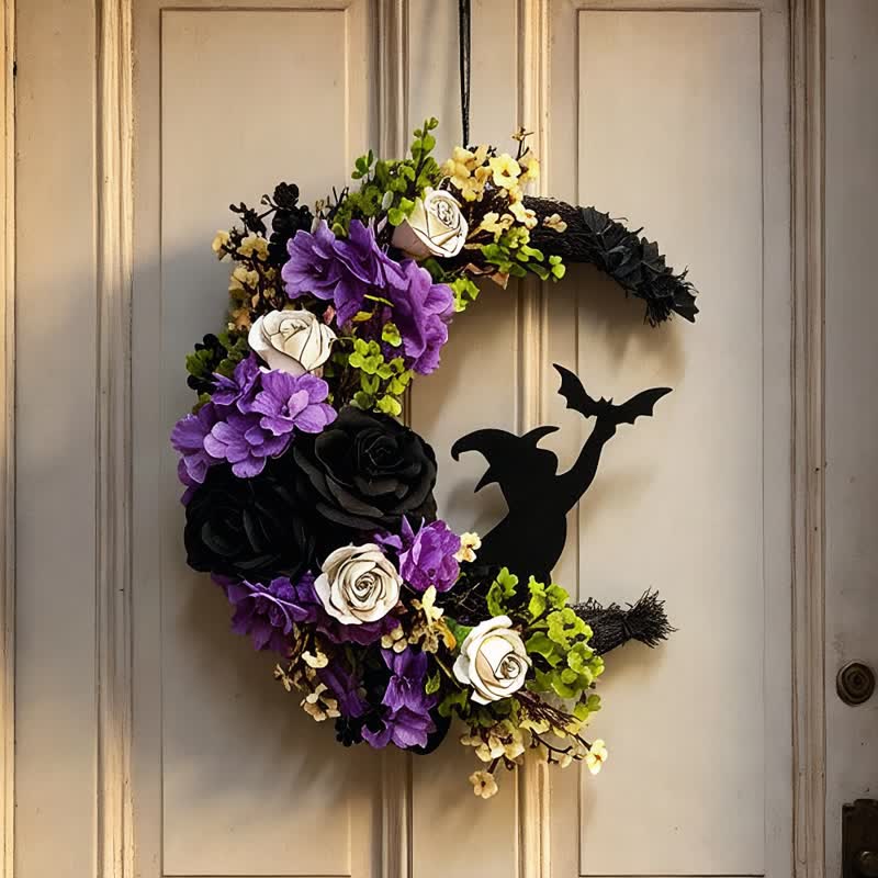 Décoration de porte Olivenorma Fleur en soie et paille Symbole de sorcière d'Halloween - Sans lumière LED - image 0