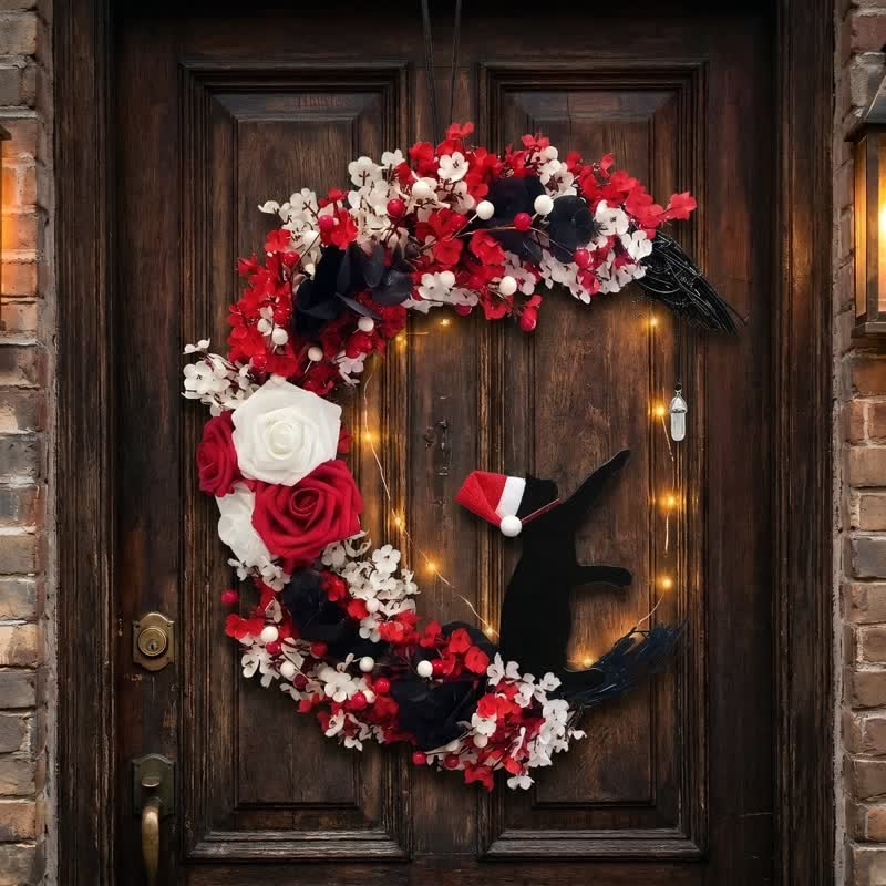 Décoration de porte Olivenorma en mousse plastique, paille, flanelle non tissée, fleur en soie, symbole joyeux et festif - Avec lumière LED - image 1