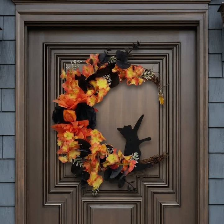 Couronne de porte Olivenorma en bois découpé et brindilles séchées en plastique, symbole mystérieux de protection, idéale pour décorer un chat. - Orange-rouge - image 0