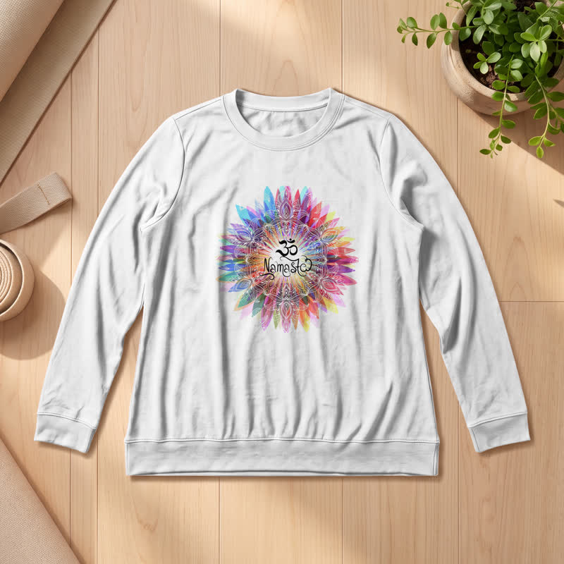 T-shirt à manches longues pour femme Olivenorma en mélange de coton doux avec imprimé mandala arc-en-ciel Om Namaste - Blanc - 2XL - image 0