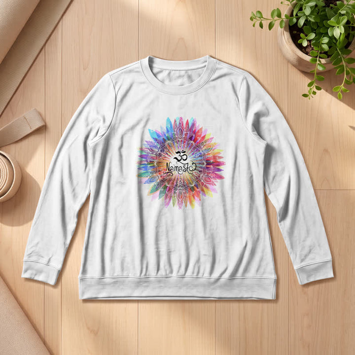 T-shirt à manches longues pour femme Olivenorma en mélange de coton doux avec imprimé mandala arc-en-ciel Om Namaste - Blanc - 2XL - image 0
