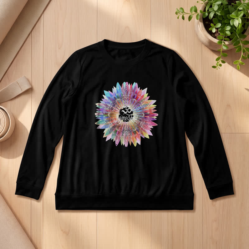 T-shirt à manches longues pour femme Olivenorma en mélange de coton doux avec imprimé mandala arc-en-ciel Om Namaste - Noir - 2XL - image 3