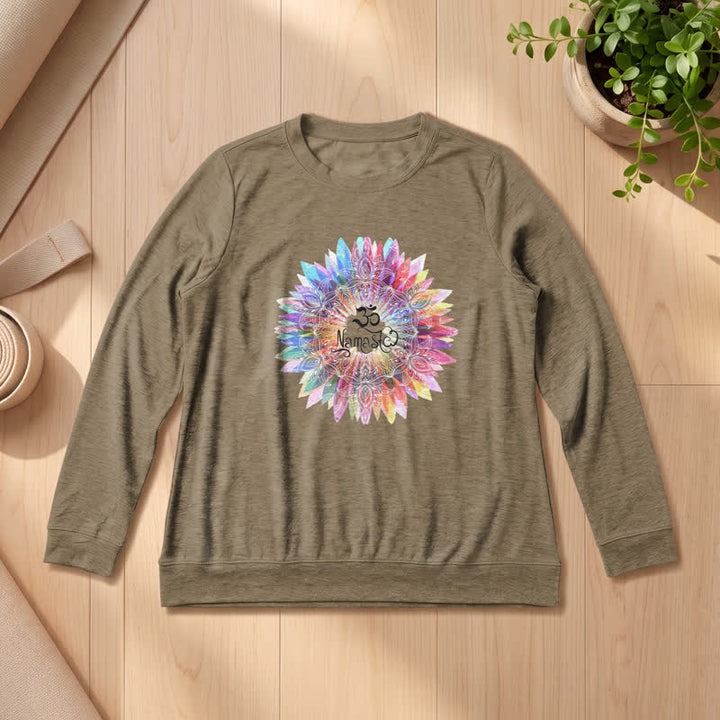 T-shirt à manches longues pour femme Olivenorma en mélange de coton doux avec imprimé mandala arc-en-ciel Om Namaste - Café - 2XL - image 24