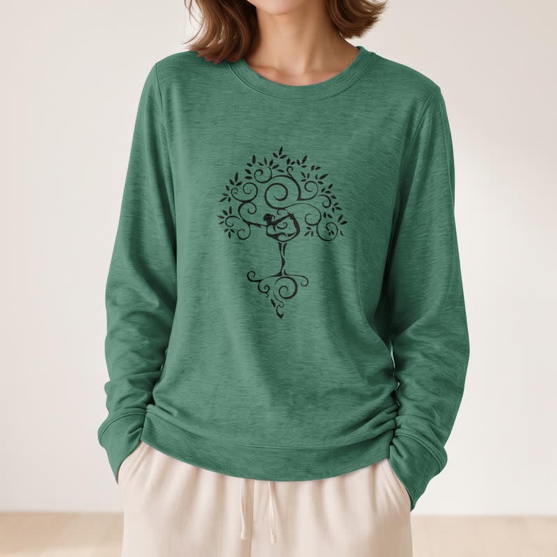 T-shirt à manches longues pour femme Olivenorma en mélange de coton doux avec imprimé artistique d'arbre de yoga - image 2