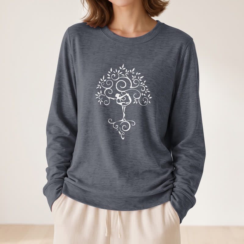 T-shirt à manches longues pour femme Olivenorma en mélange de coton doux avec imprimé artistique d'arbre de yoga - image 17