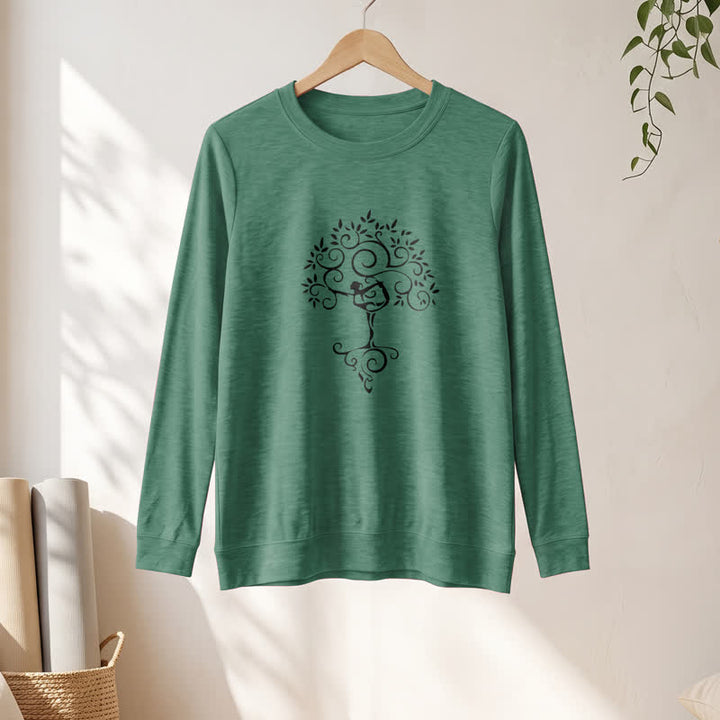 T-shirt à manches longues pour femme Olivenorma en mélange de coton doux avec imprimé artistique d'arbre de yoga - image 1