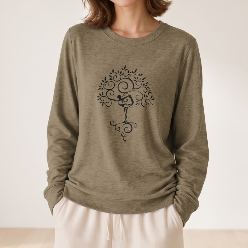 T-shirt à manches longues pour femme Olivenorma en mélange de coton doux avec imprimé artistique d'arbre de yoga - image 26