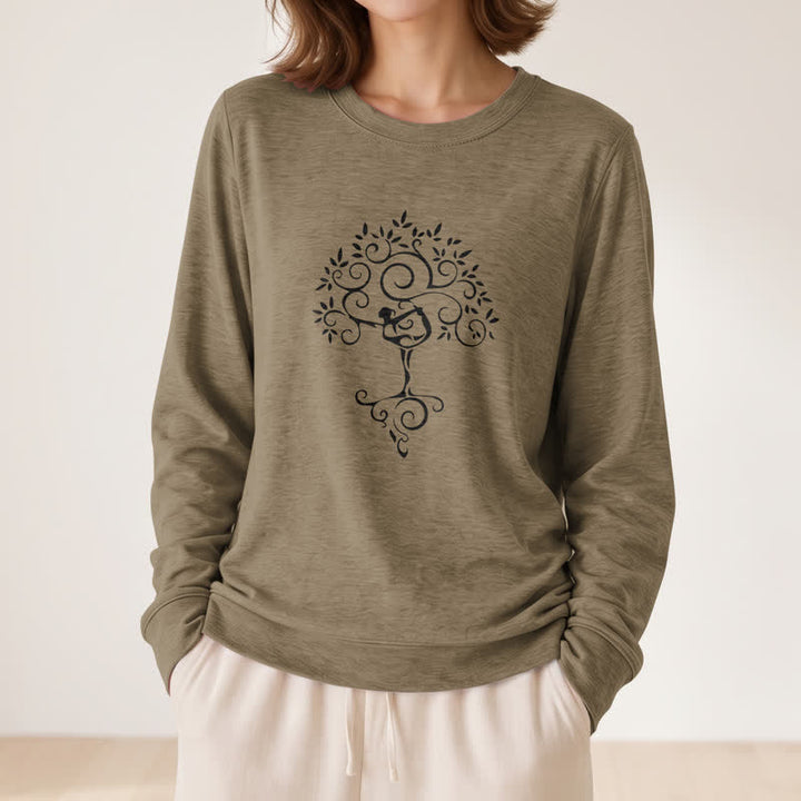 T-shirt à manches longues pour femme Olivenorma en mélange de coton doux avec imprimé artistique d'arbre de yoga - image 26