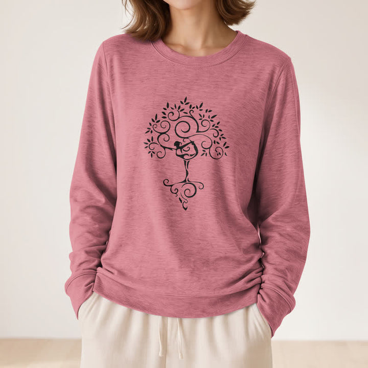 T-shirt à manches longues pour femme Olivenorma en mélange de coton doux avec imprimé artistique d'arbre de yoga - image 11