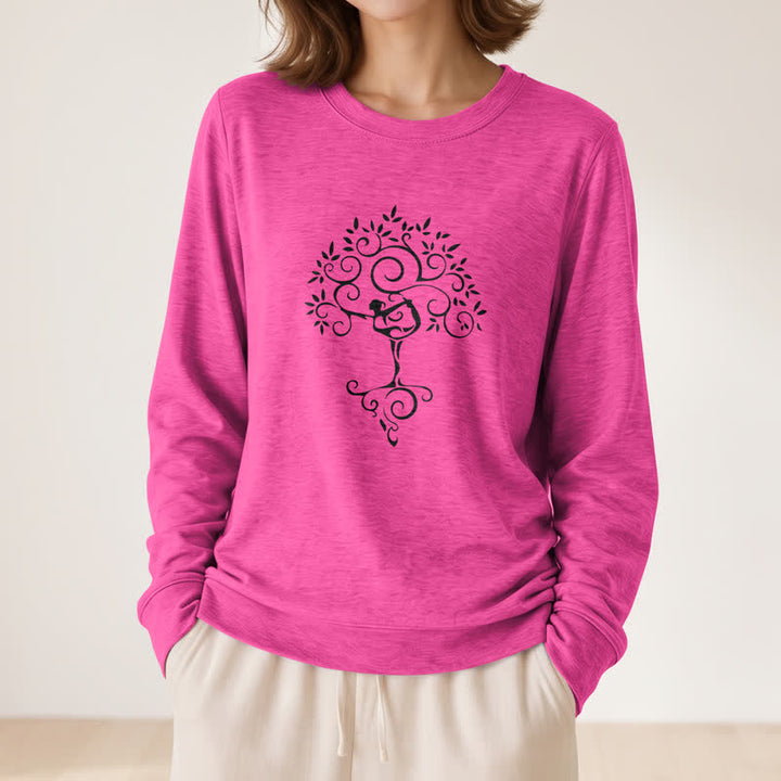 T-shirt à manches longues pour femme Olivenorma en mélange de coton doux avec imprimé artistique d'arbre de yoga - image 23