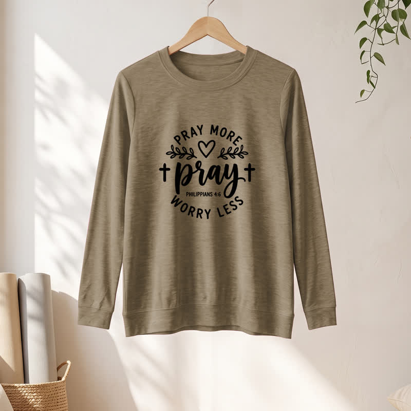 T-shirt à manches longues pour femme Olivenorma en mélange de coton doux, imprimé « Priez plus, inquiètez moins ». - image 28