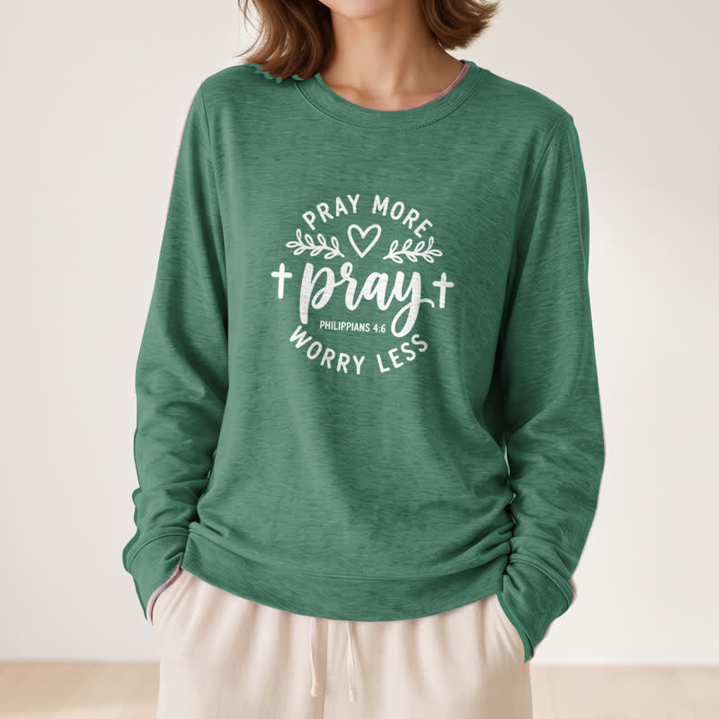 T-shirt à manches longues pour femme Olivenorma en mélange de coton doux, imprimé « Priez plus, inquiètez moins ». - image 25