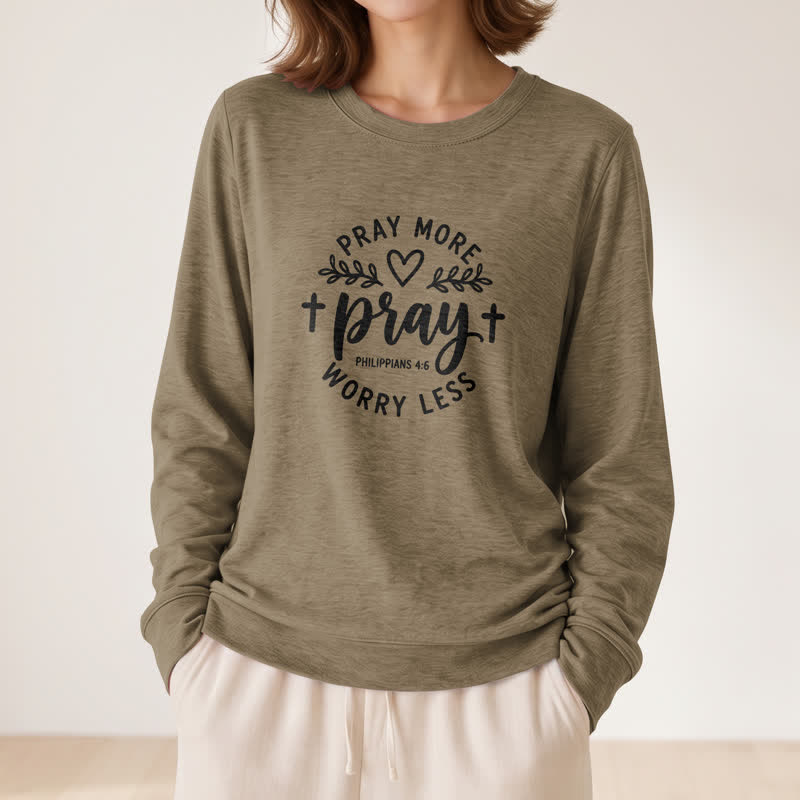 T-shirt à manches longues pour femme Olivenorma en mélange de coton doux, imprimé « Priez plus, inquiètez moins ». - image 29
