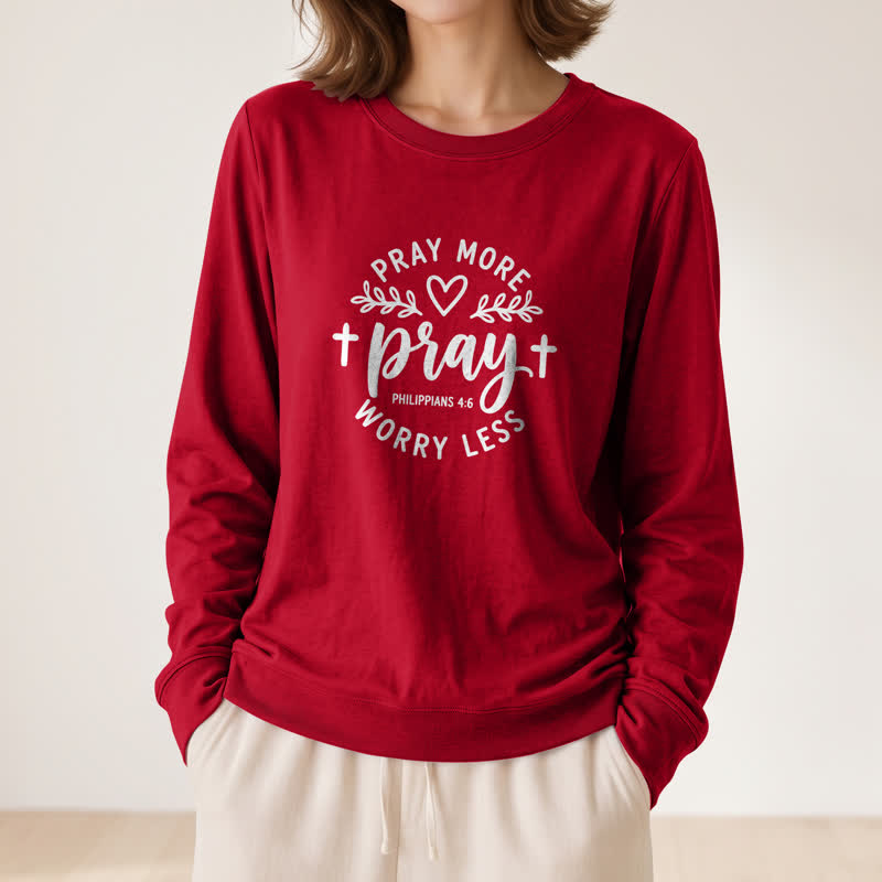 T-shirt à manches longues pour femme Olivenorma en mélange de coton doux, imprimé « Priez plus, inquiètez moins ». - image 2