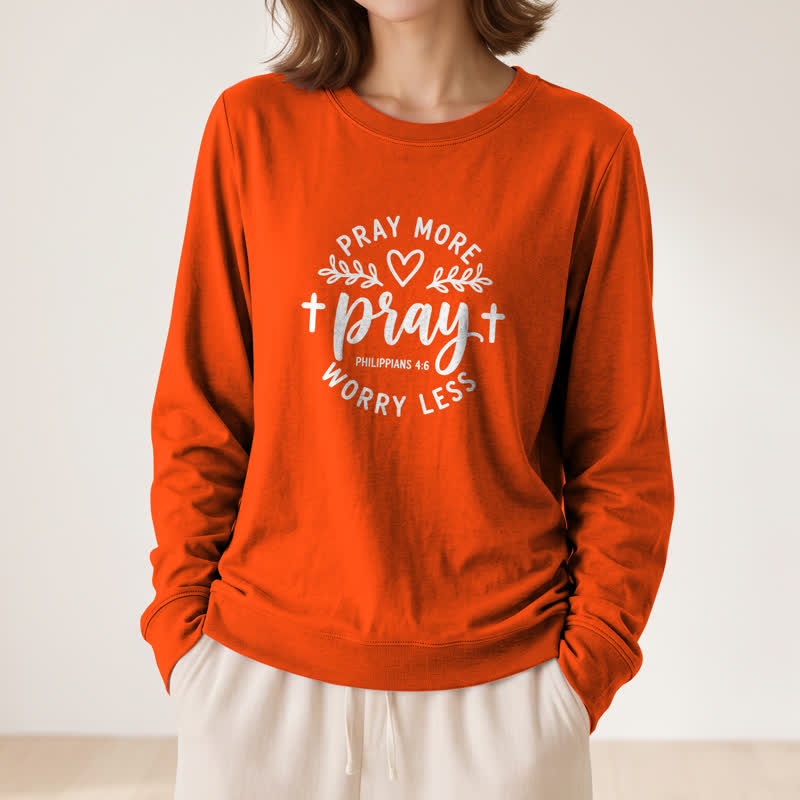 T-shirt à manches longues pour femme Olivenorma en mélange de coton doux, imprimé « Priez plus, inquiètez moins ». - image 32