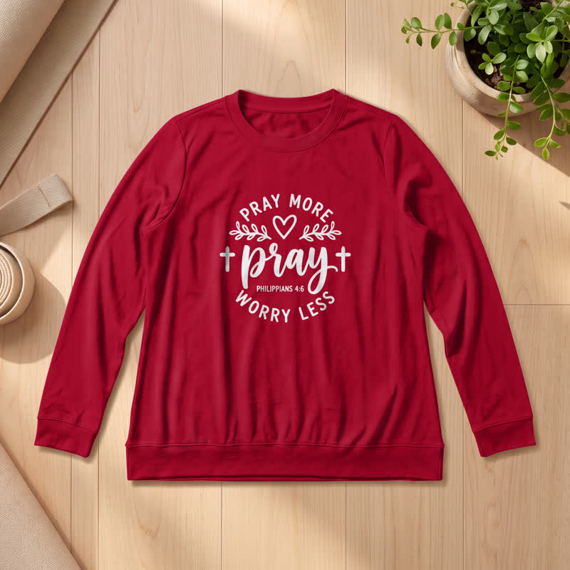 T-shirt à manches longues pour femme Olivenorma en mélange de coton doux, imprimé « Priez plus, inquiètez moins ». - Vin - 2XL - image 0
