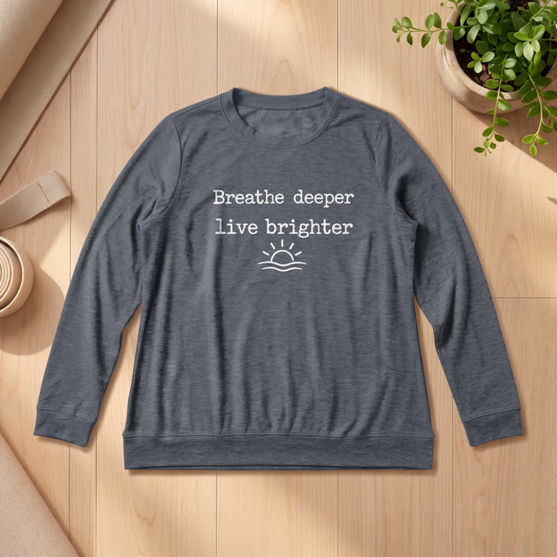 T-shirt à manches longues pour femme Olivenorma en mélange de coton doux avec imprimé de la citation « Respirez plus profondément ». - Gris chiné - 2XL - image 15