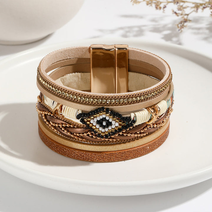 Bracelet large en métal tissé avec perles de riz en zircon Olivenorma