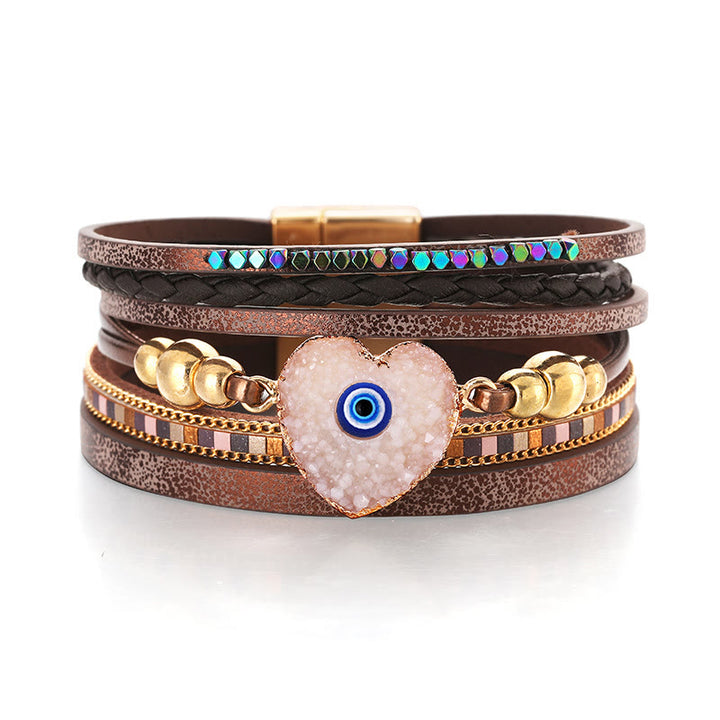 Bracelet Olivenorma « Triple Protection » en forme de cœur avec perles dorées en cristal et mauvais œil