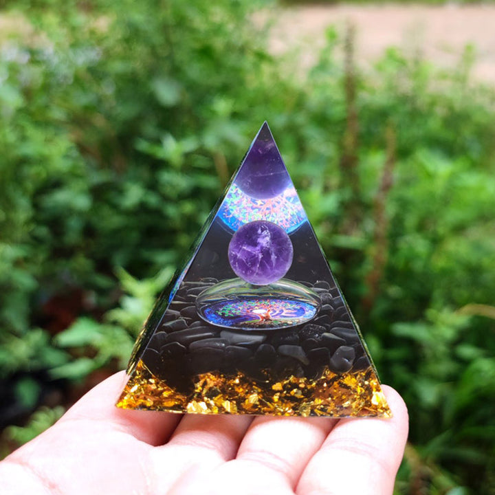 Sphère de cristal d'améthyste Olivenorma avec pyramide d'orgone en cristal naturel d'obsidienne 