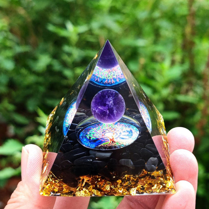 Sphère de cristal d'améthyste Olivenorma avec pyramide d'orgone en cristal naturel d'obsidienne 