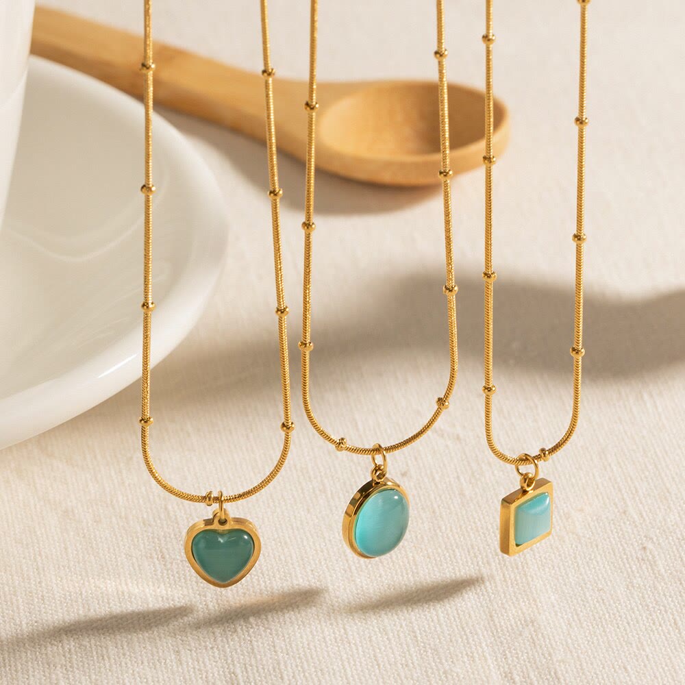 Collier pendentif carré en forme de cœur avec pierre œil de chat bleu Olivenorma 