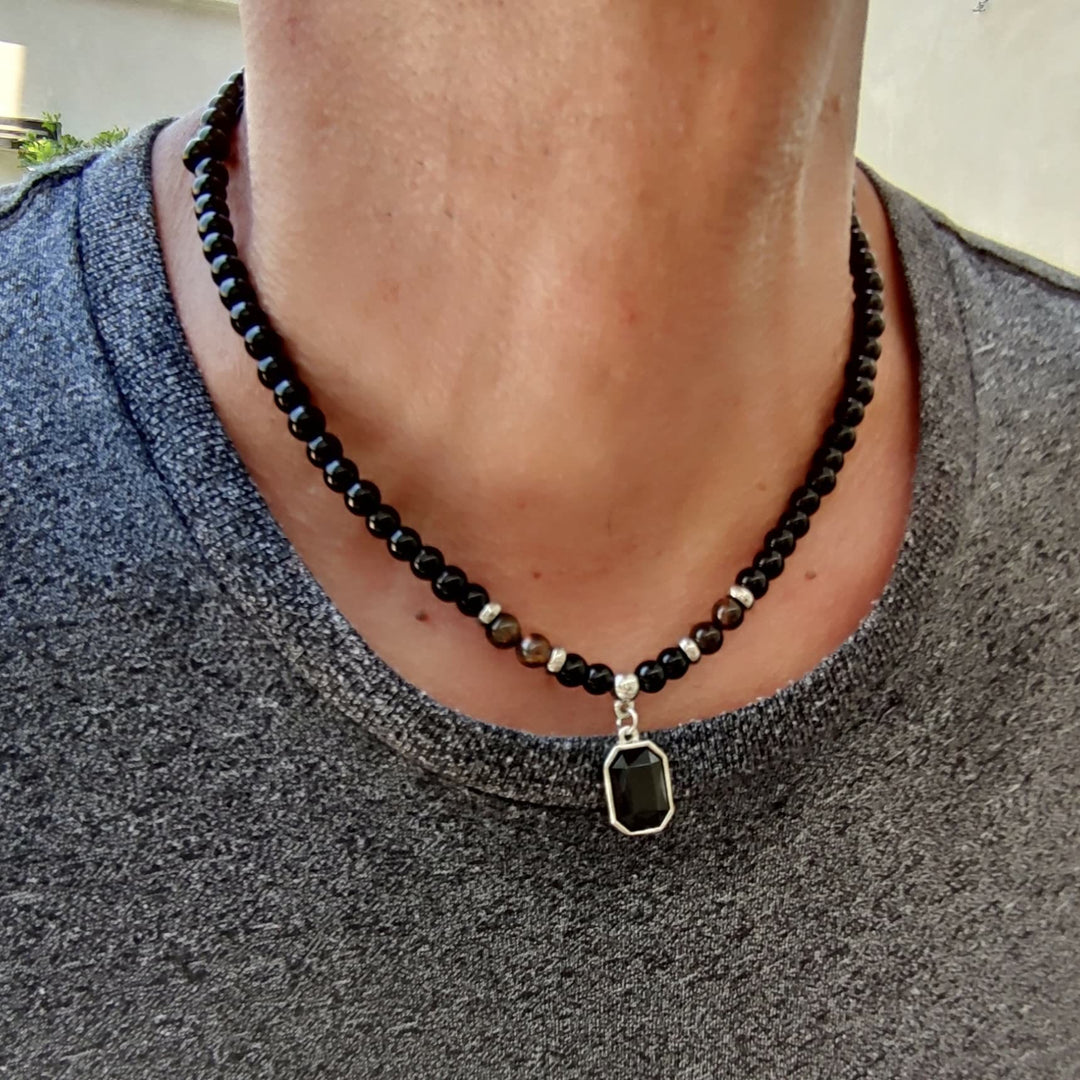 Collier en acier titane et perles d'obsidienne œil de tigre Olivenorma pour homme 