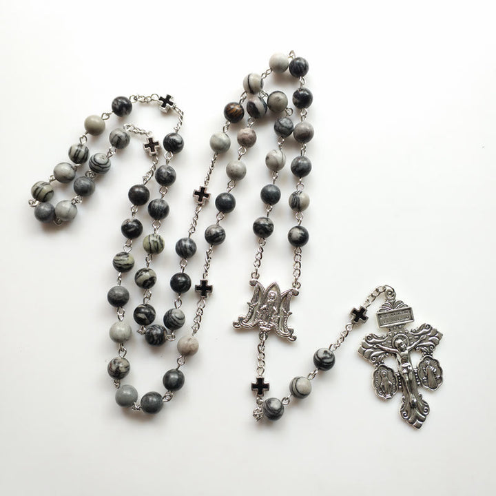 Collier chapelet en agate noire Olivenorma avec croix de la Sainte Mère 