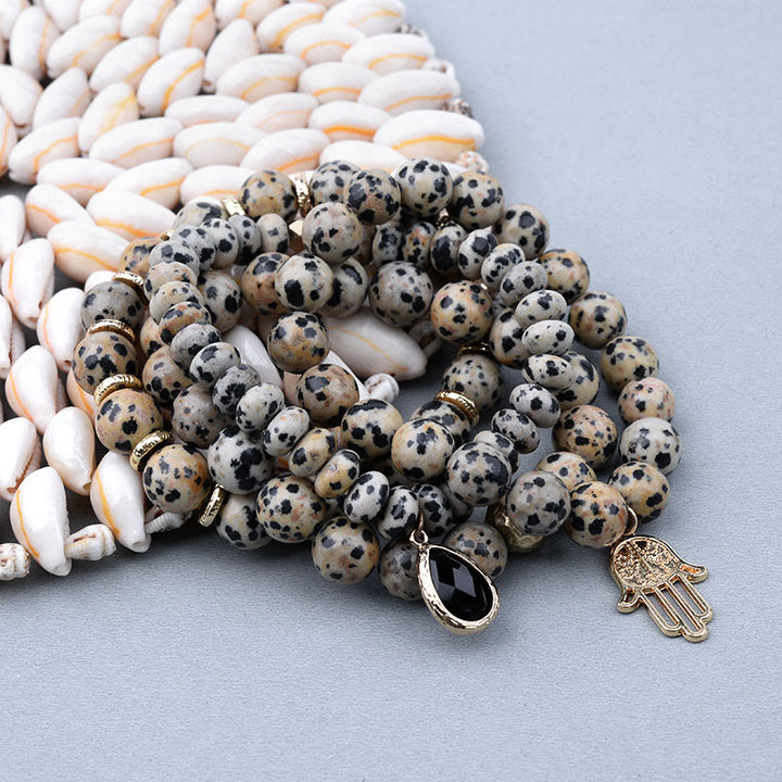 Bracelet pendentif Hamsa en obsidienne et jaspe dalmatien naturel Olivenorma 