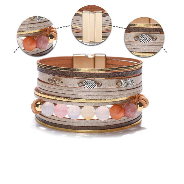 Bracelet multicouche en cuir et perles de cristal naturel Olivenorma