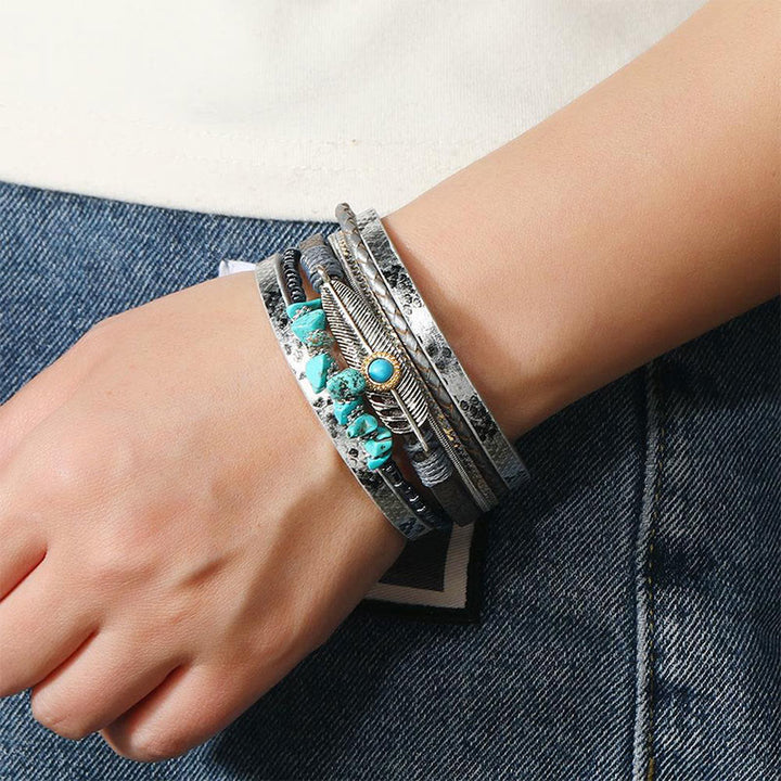 Bracelet en cuir multicouches marron vintage turquoise Olivenorma