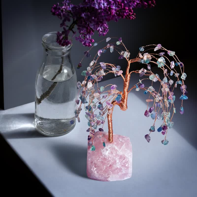 Feuilles de fluorite Olivenorma Base de quartz rose Arbre Feng Shui 