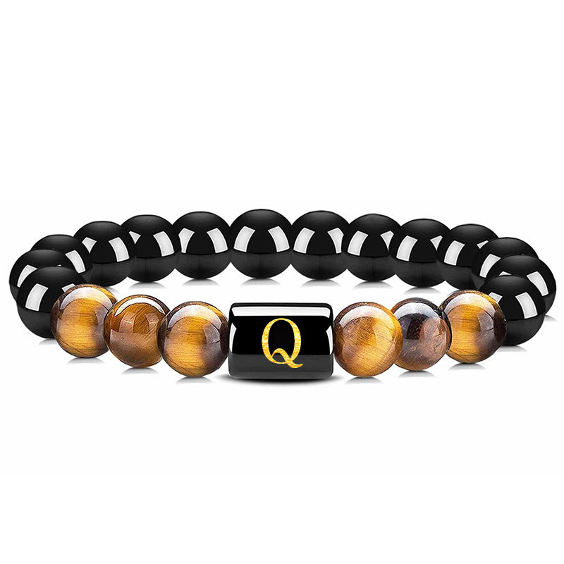 Bracelet en œil de tigre avec lettre en obsidienne - Œil de tigre et obsidienne - Q - image 19