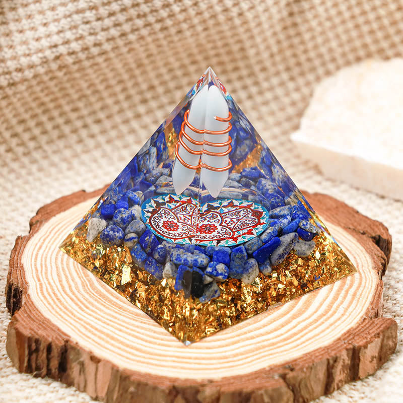 Pilier d'aigue-marine Olivenorma avec pyramide d'orgone Hamsa en lapis-lazuli