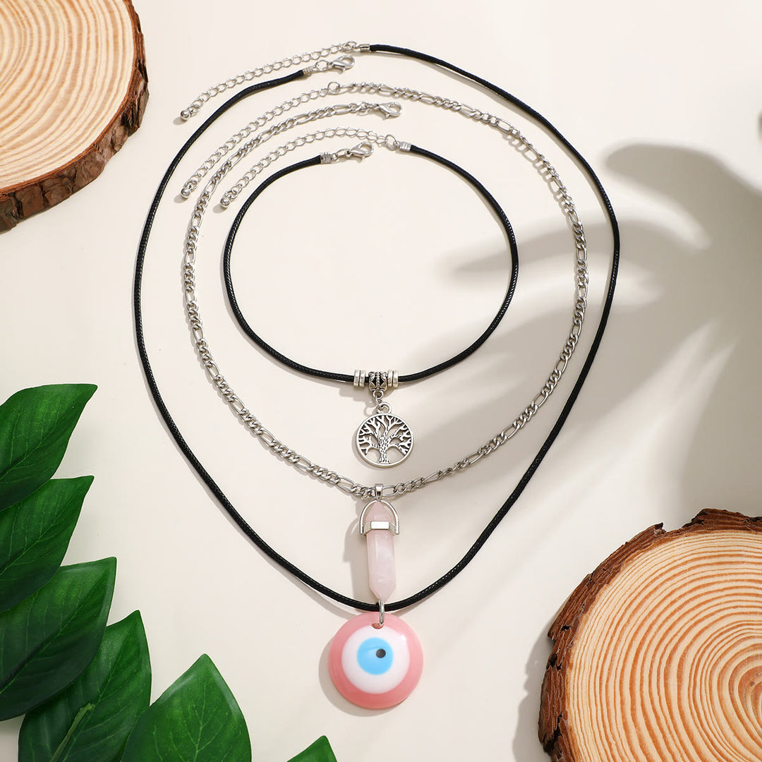 Ensemble de colliers avec pendentif en obsidienne et arbre de vie contre le mauvais œil Olivenorma 