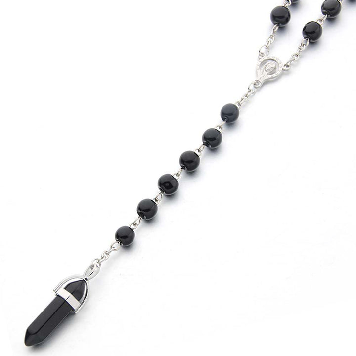 Collier chapelet avec pendentif hexagonal en cristal d'obsidienne chrétienne Olivenorma