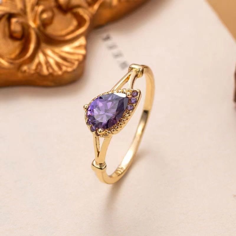 Bague ouverte ajustable en forme de goutte d'eau avec zircon blanc améthyste Olivenorma