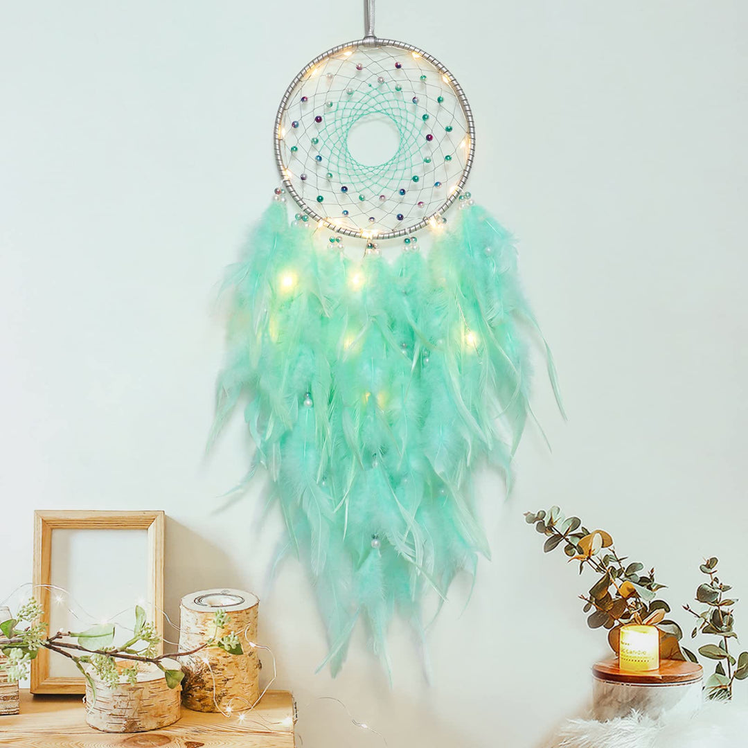 Attrape-rêves en plumes fait main avec éclairage LED Olivenorma