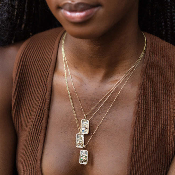 Collier avec plaque signalétique gravée avec 12 signes du zodiaque en zircon blanc Olivenorma 