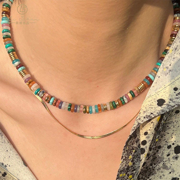 Collier et bracelet en pierres précieuses de style bohème Olivenorma avec perles rondes en cristal mélangées 