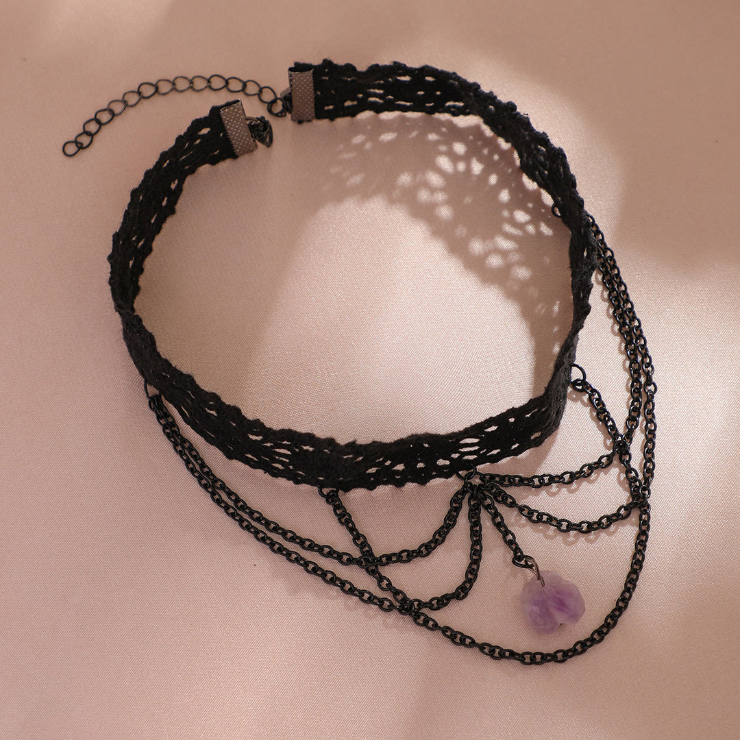 Collier ras du cou gothique en dentelle améthyste Olivenorma pour Halloween