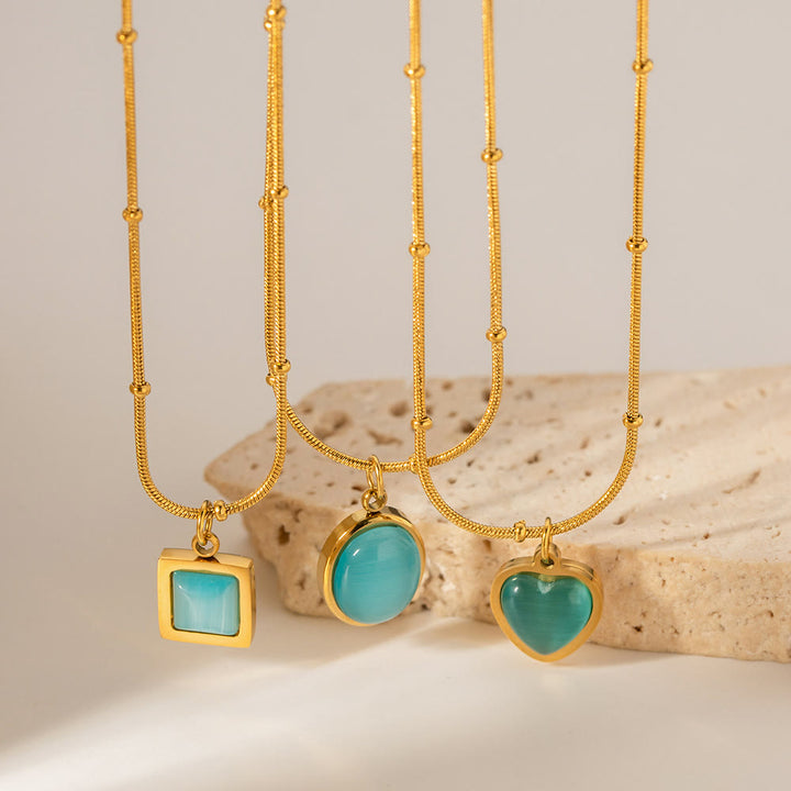 Collier pendentif carré en forme de cœur avec pierre œil de chat bleu Olivenorma 