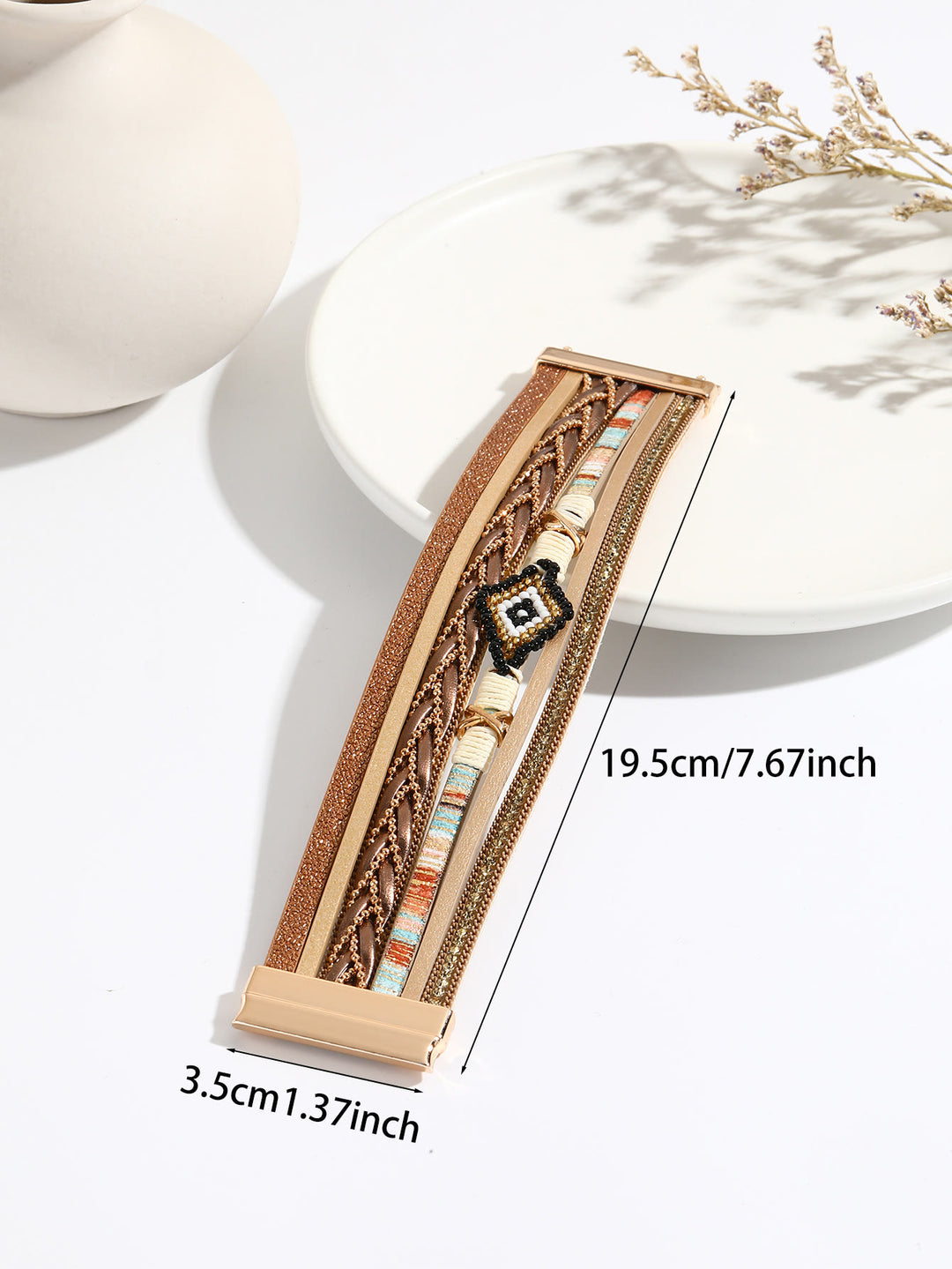 Bracelet large en métal tissé avec perles de riz en zircon Olivenorma