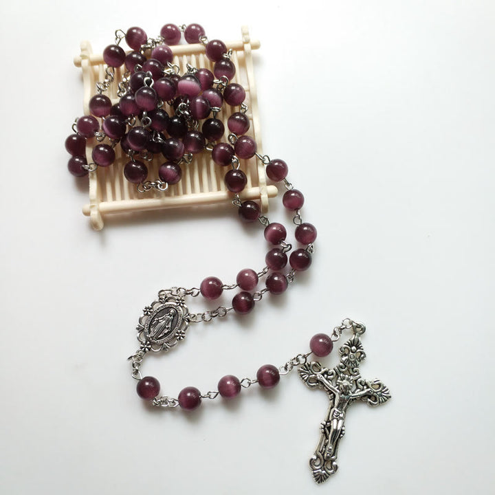 Collier chapelet croix en pierre œil de chat violet Olivenorma - image 3