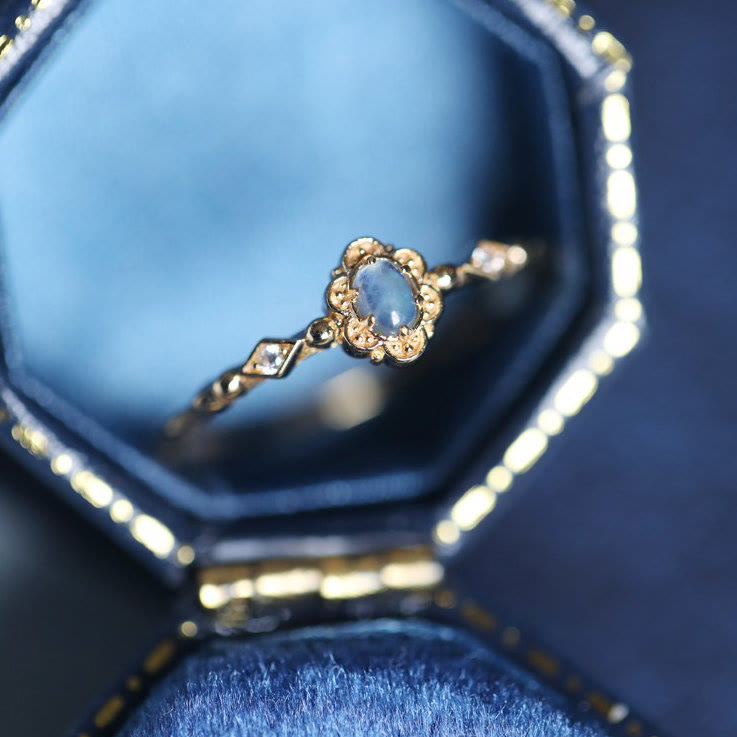 Bague vintage Olivenorma en aigue-marine naturelle et marguerites 