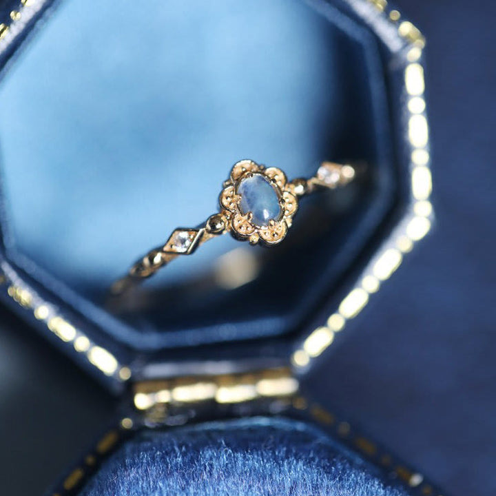 Bague vintage Olivenorma en aigue-marine naturelle et marguerites 