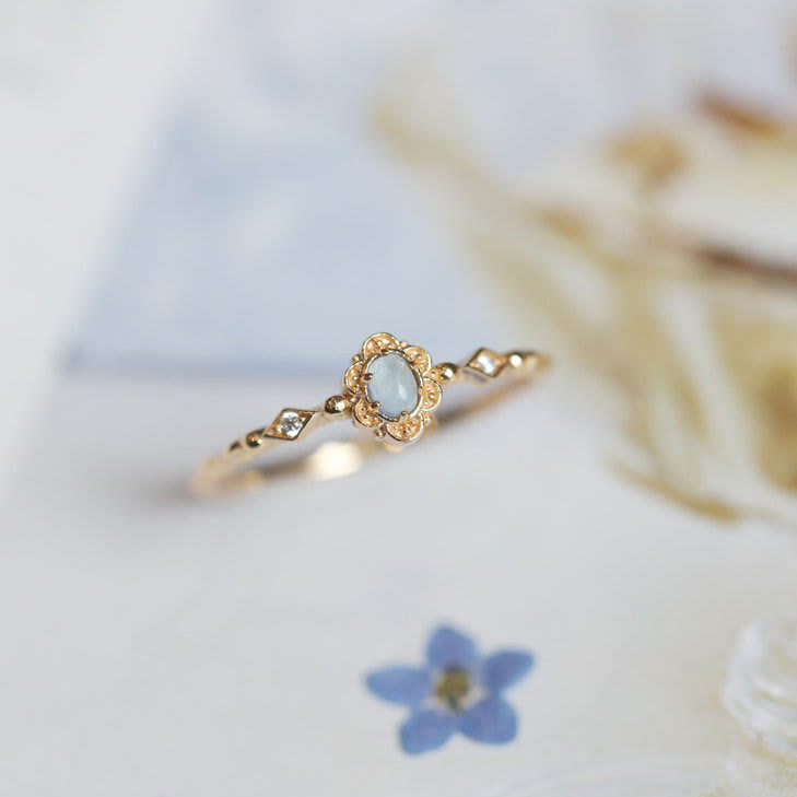 Bague vintage Olivenorma en aigue-marine naturelle et marguerites 