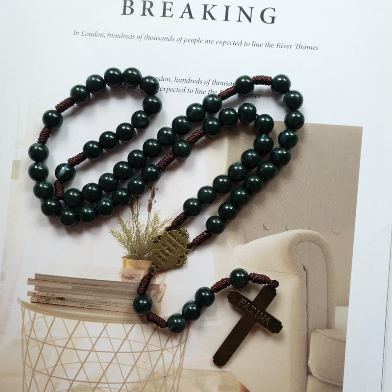 Collier chapelet avec pendentif croix sacrée en agate mousse Olivenorma 