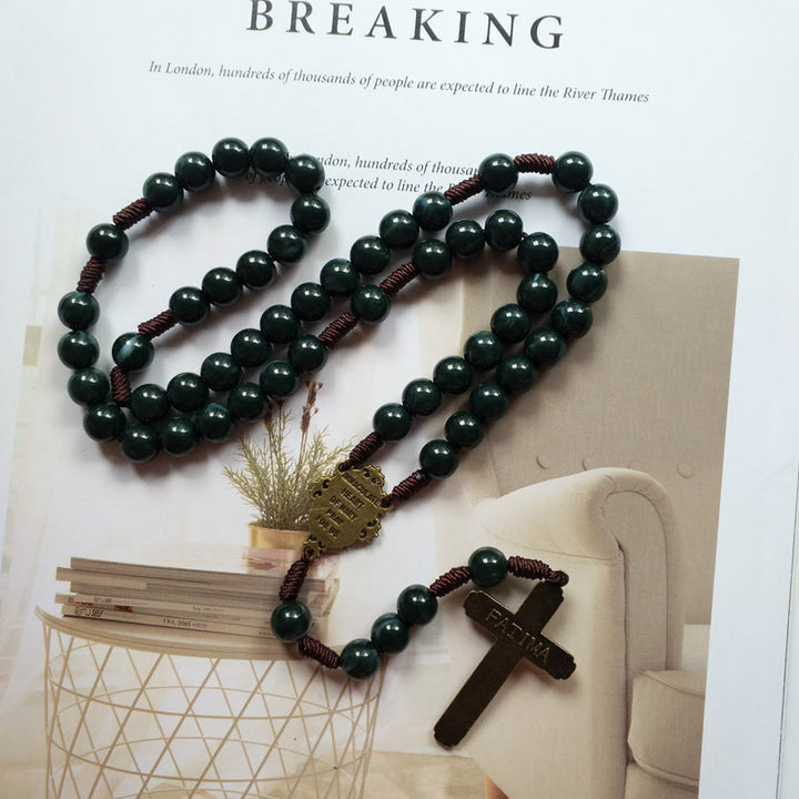 Collier chapelet avec pendentif croix sacrée en agate mousse Olivenorma 